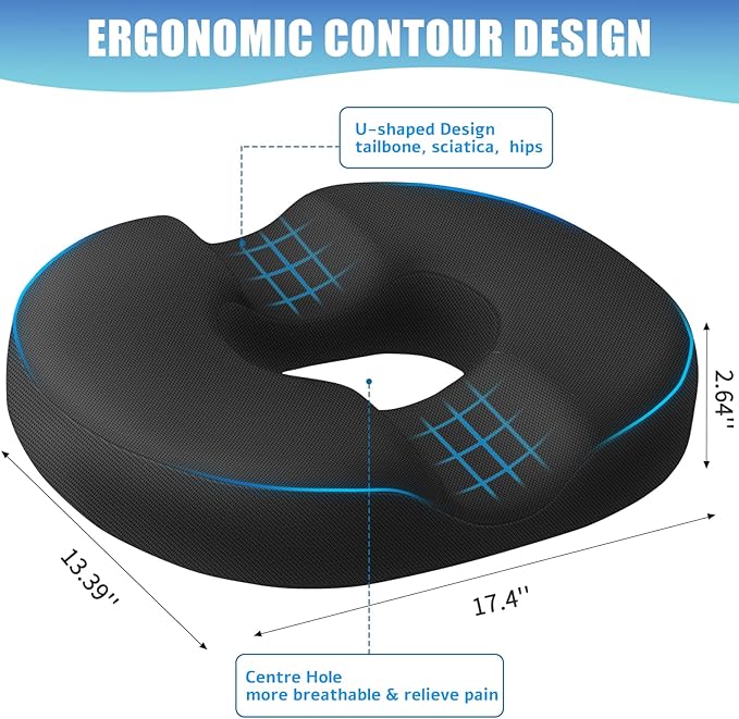 BlissTrends Donut Pillow Seat Cushion,Donut Chair Cushions for Postpartum Pregnancy & Hemorrhoids,Tailbone Pain Relief Cushion,Memory Foam Lifting Cushions for Office&Home Chairs (Black)