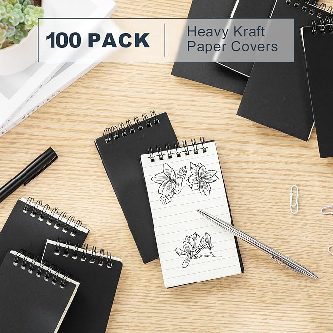 Tenceur 100 Pcs Pocket Notebook Bulk Small 3x5 Inch Spiral Notepads Mini Top Bound Notebook with Lined 120 Pages Ruled Memo Pads for Office College Nurse Essentials Back to School Gift (Black)