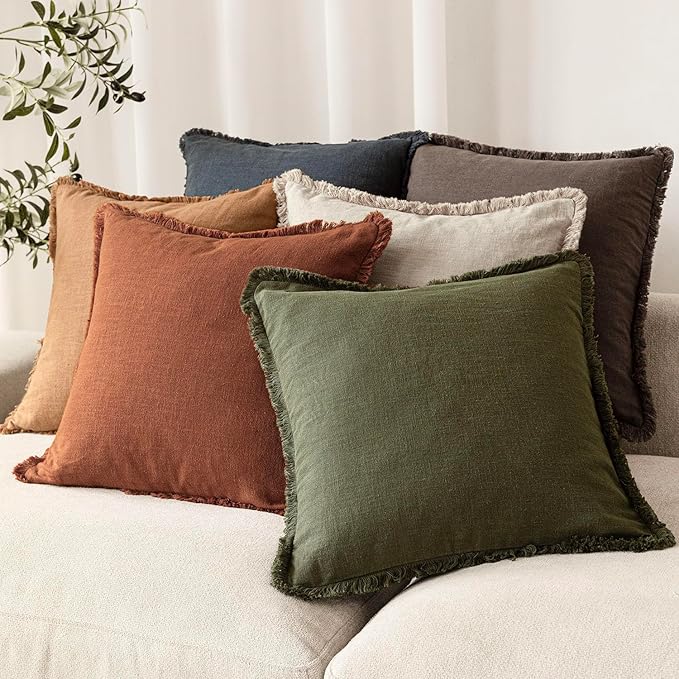 Foindtower Set of 2 Decorative Linen Fringe Throw Pillow Covers Boho Farmhouse Cushion Cover with Tassels Soft Accent Pillowcase for Couch Sofa Bed Living Room Home Decor,20×20 Inch,Orange Brown