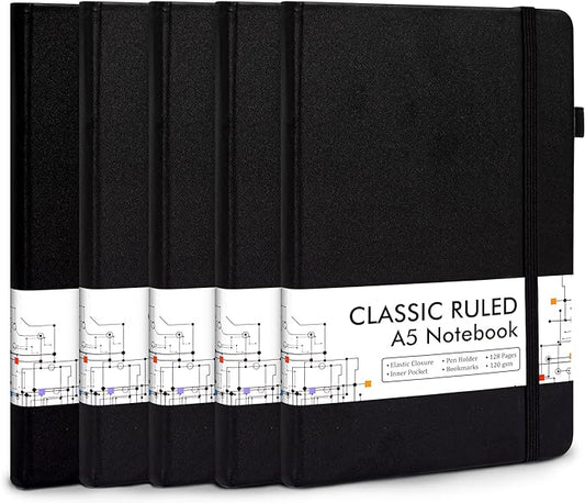 5 Pack Journal Notebook Bulk for School, Feela Hardcover Business Notebooks Classic Ruled Lined Journals with Pen Holder for Work Note Taking, with 5 Black Pens, 120 GSM, 5.1”x8.3”, A5, Black