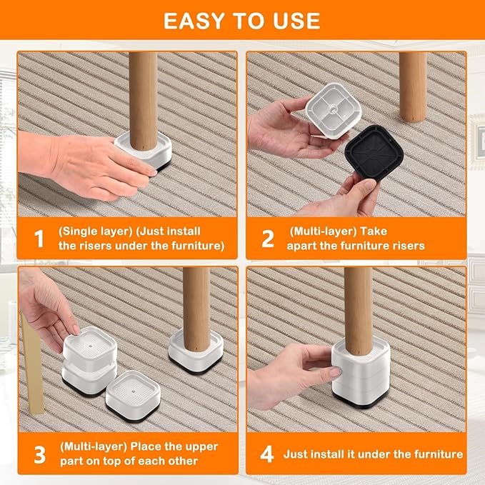 shouwuhho 32 Pack Furniture Risers Adjustable Bed Risers Heavy Duty Lifts Height 1", Square Stackable Bed Risers 1, 2 or 3 Inch for Desk Leg Table Couch Sofa Chair Bed Frame Legs Dorm, White
