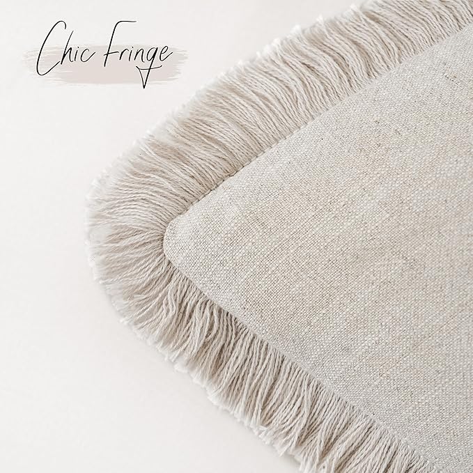 Foindtower Set of 2 Decorative Linen Fringe Throw Pillow Covers Cozy Boho Farmhouse Cushion Cover with Tassels Soft Accent Pillowcase for Couch Chair Sofa Bed Living Room Home Decor,18×18 Inch,Beige