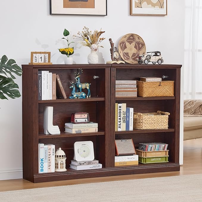 RWYHG 43" Walnut Tall Bookshelf Set of 4,3-Tier Thick Wooden Book Shelf with Adjustable Shelves,Free Standing Farmhouse Bookcase with Open Display Storage,Floor Vintage Bookshelves for Living Room