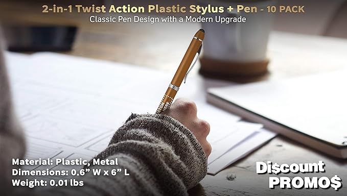 DISCOUNT PROMOS Custom Twist Action Plastic Stylus Pens, Set of 10, Personalized Bulk Pack - Pens for Work, Cool Pens for Writing, Black Ink - Gold