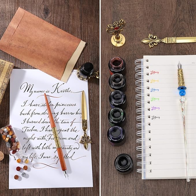 Junhartt Quill Feather Pen and Ink Set, Calligraphy Pen Glass Dip Pen and Wax Seal Stamp Kit (Green)