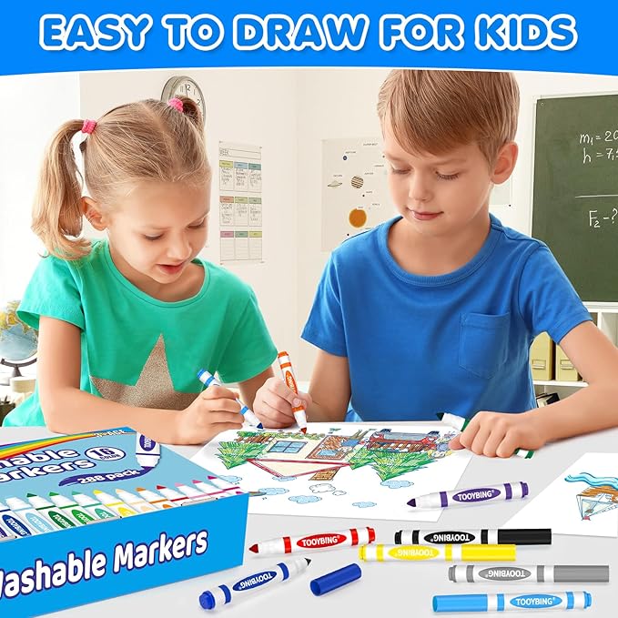 TooyBing Washable Markers Bulk (288 Count), 16 Assorted Colors, Washable Markers for Kids Classroom School, Broad Tip Durable for Back to Classroom Art School Supplies Essentials