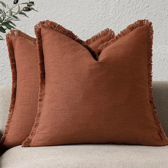 Foindtower Set of 2 Decorative Linen Fringe Throw Pillow Covers Farmhouse Cushion Cover with Tassels Soft Accent Pillowcase for Couch Chair Sofa Bed Living Room Home Decor,18×18 Inch,Fall Rust Orange