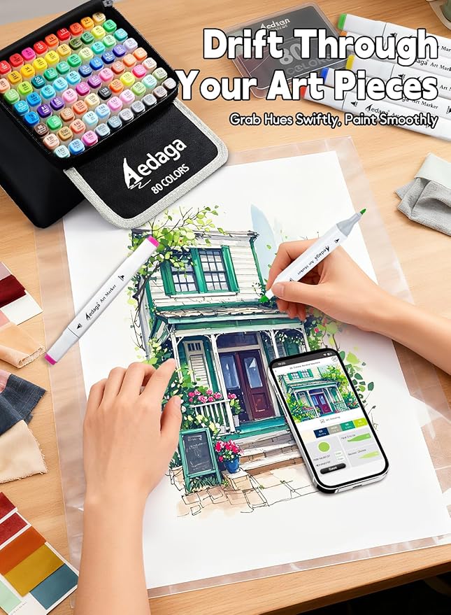 AEDAGA 200 Colors Alcohol Markers with Free App, Dual Tip Art Marker with Kickstand Case for Artists Adults. Alcohol Based Markers for Coloring Painting Sketching and Drawing, Great Gift