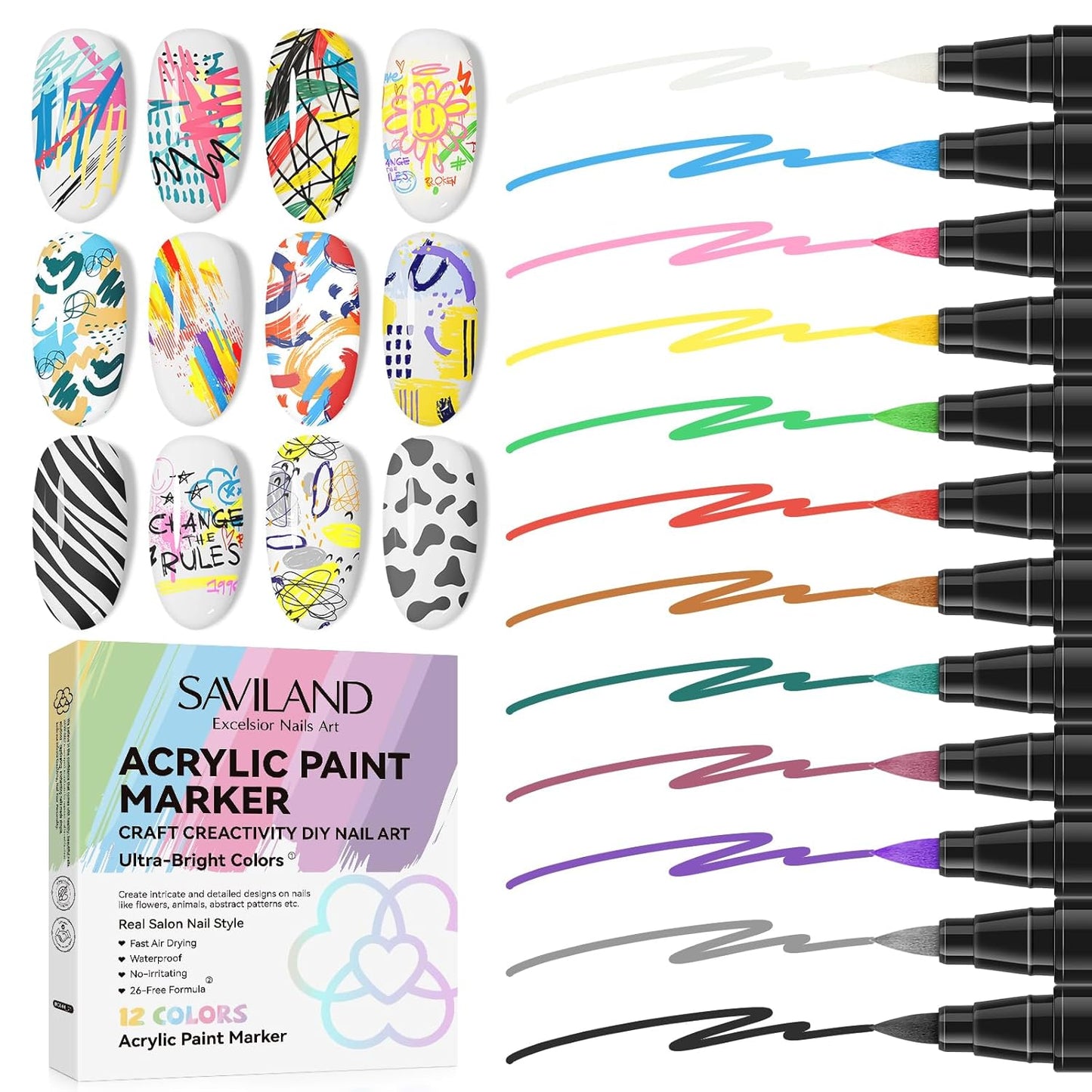 SAVILAND Nail Art Pens Set: 12 Colors Quick Drying Acrylic Paint Markers 3D Nail Polish Pens for Nail Art Color-fast Nail Point Dotting Drawing Painting Liner Pens Nail Art Design Tools Kit Home DIY