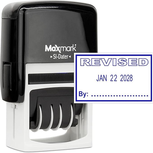 MaxMark Office Self Inking Date Stamp with Phrase Revised - Blue Ink