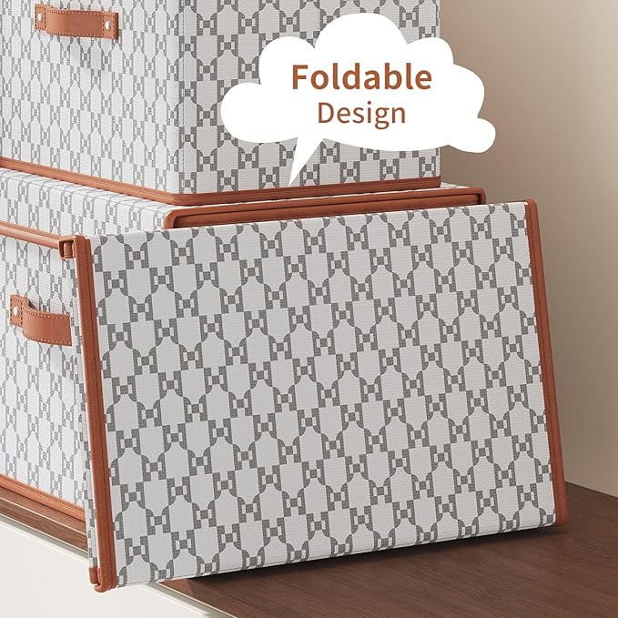 Tuza 4 Pack Fabric Storage Bins with Lids, Collapsible Closet Organizer Container, Decorative Storage Boxes with Lids for Organizing Clothes, Blanket, Grey & White, Large