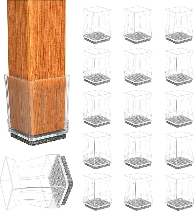 Clear Square Chair Leg Floor Protectors for Hardwood, Furniture Legs Caps, 16Pcs, Fit:2" - 2 1/4".