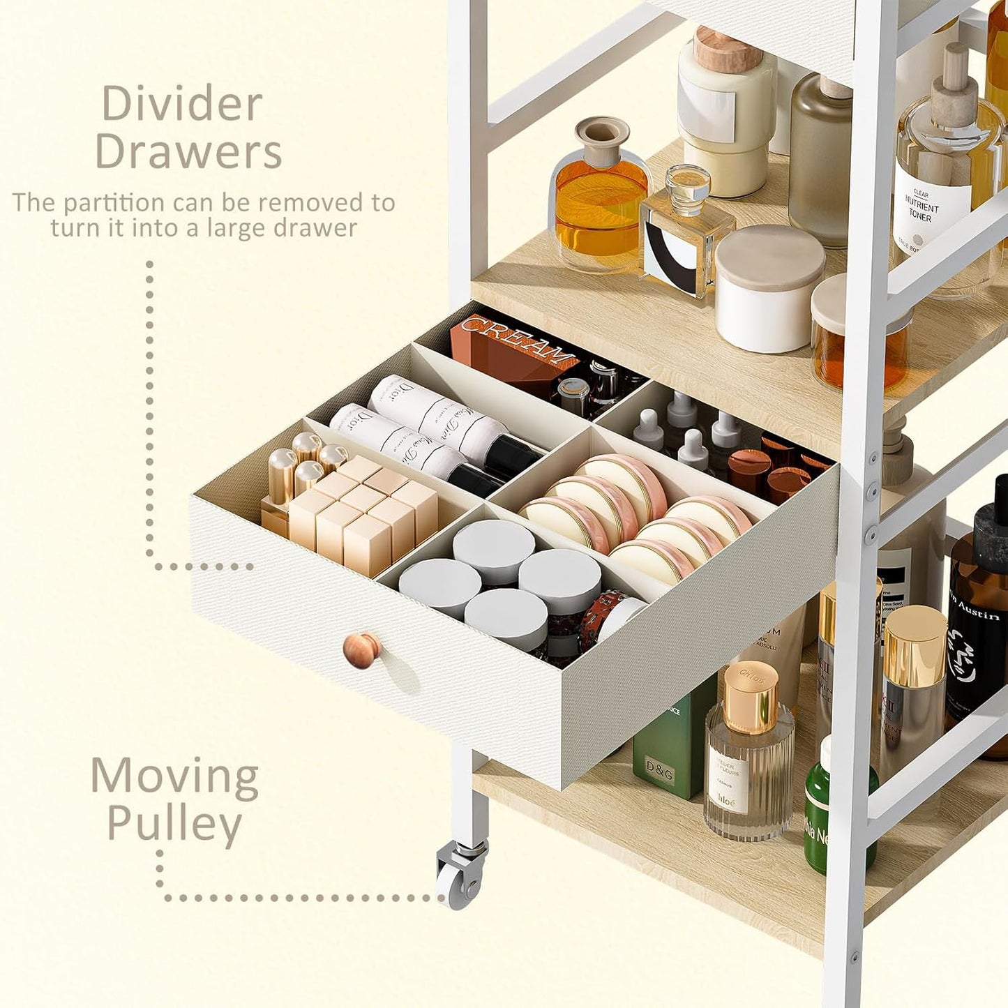 Wisdom Star Makeup Organizer Cart with 2 Drawers, Floor Skincare Organizers, Makeup Storage, Vanity Organizer, Cosmetics Display, Versatile Skin care Perfume Nail Polish Storage Rack for Bathroom
