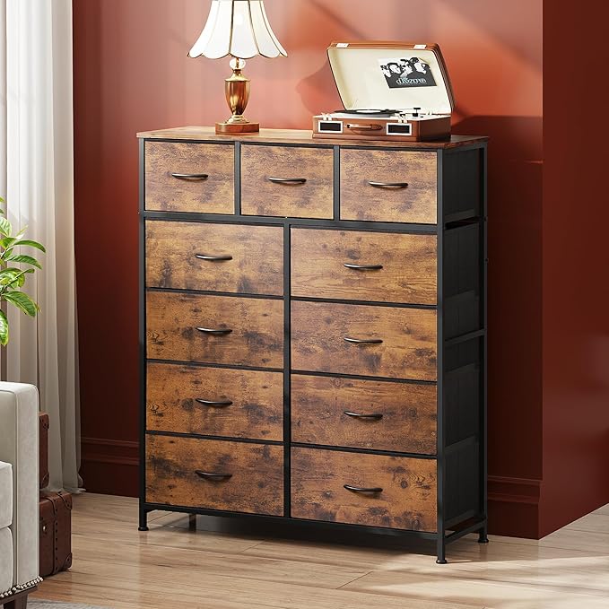 WLIVE Tall Dresser for Bedroom, Fabric Dressers Storage Tower, Dresser & Chest of Drawers Organizer Unit with 11 Drawers, Storage Cabinet, Hallway, Closets, Steel Frame, Wood Top, Rustic Brown