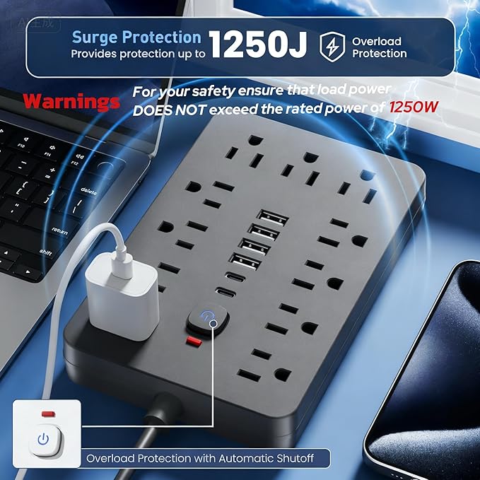 JouleLoom 10 FT Flat Plug Surge Protector Power Strip,11 Multiple AC Outlets with 6 USB Ports (2 USB C), 10 Feet Extension Cord, 1250W/10A, One Touch Switch Button, 17 in 1 Compact powerstrip