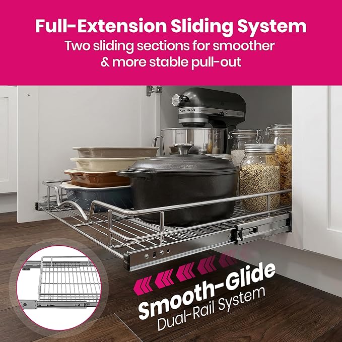 HOLD N' STORAGE Pull Out Cabinet Organizer, Heavy Duty-w/Lifetime Limited Warranty -11”W x 17”D-Requires At Least 12-1/4” Cabinet Opening, Steel Metal Cabinet Drawers Slide Out, Chrome Finish