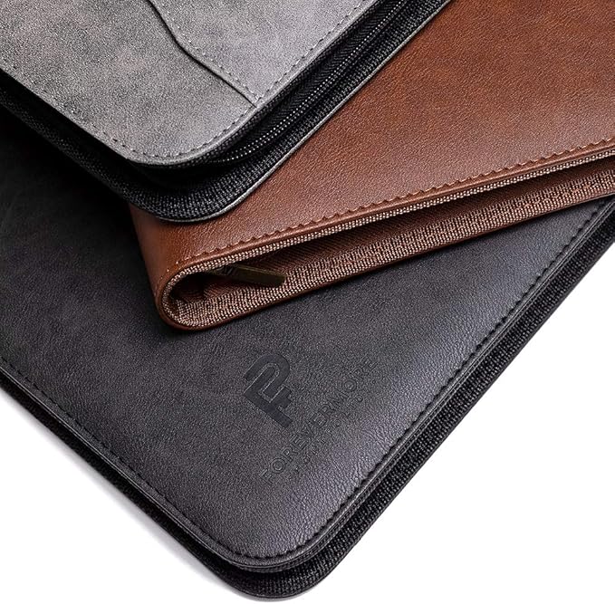 Forevermore Portfolios Padfolio Binder - Professional Faux Leather Travel Organizer Pouch for Tablet, Documents, Presentation Folders, Zipper Closure, Removable 3-Ring Notepad - Brown