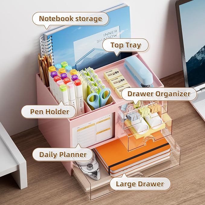 Marbrasse Desk Organizer with 3 Drawer, Multi-Functional Pencil Pen Holder for Desk, Desk Organizers and Accessories with 4 Compartments, Desktop Organizer Storage for Office Home Art Supplies (Pink)
