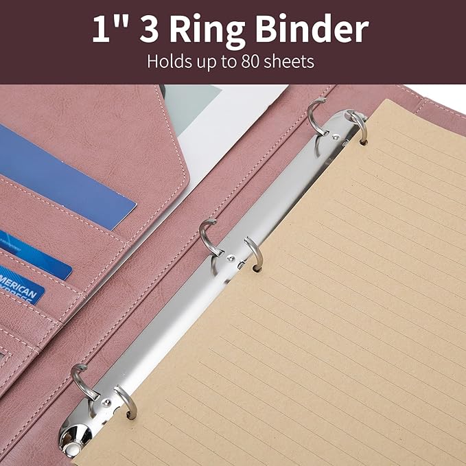 Geslun Personalized Vegan Leather 3 Ring Binder, Custom 8.5 x 11 Letter Size Folio with Pen Holder, Soft Notebook Portfolio Cover, Notepad Padfolio Organizer for Meeting, Pink