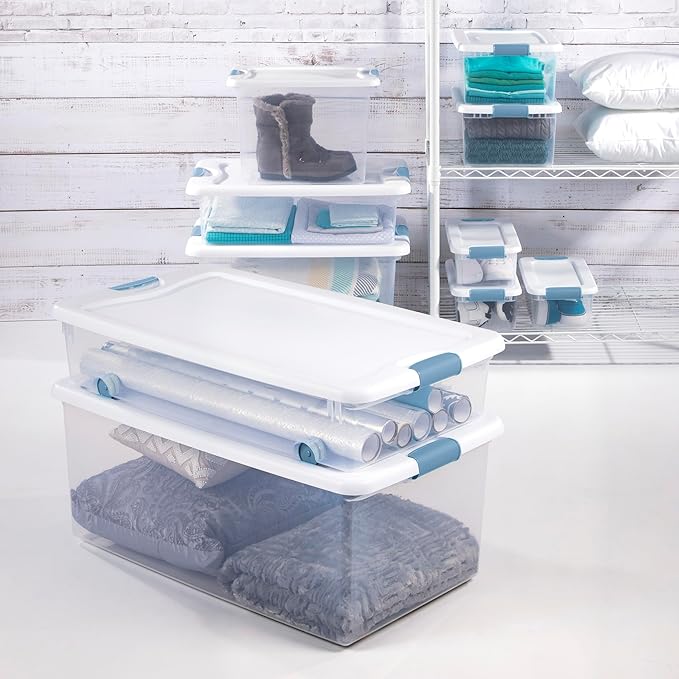 Sterilite 12-Pack Latching Box, Under Bed Storage Bins with Lids, Clear Plastic, 56 Quart - Heavy-Duty Organizing Containers for Closet, Bathroom, and Office