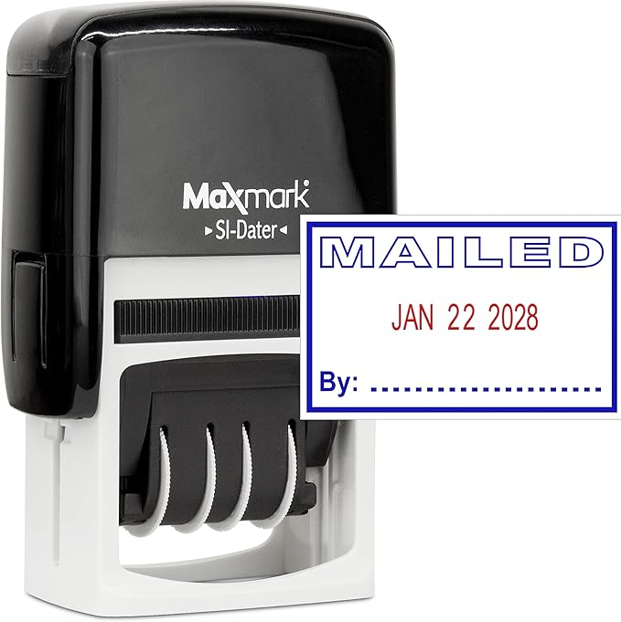 MaxMark Office Self Inking Date Stamp with Phrase Mailed - 2 Color Blue/Red Ink