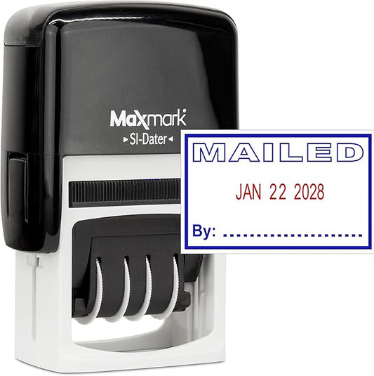 MaxMark Office Self Inking Date Stamp with Phrase Mailed - 2 Color Blue/Red Ink