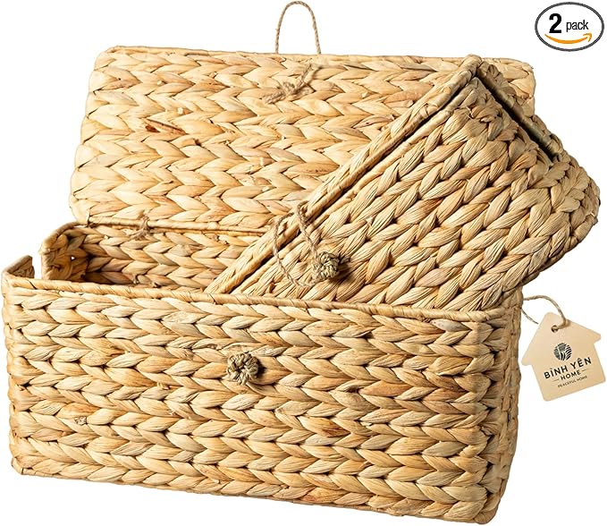 BINH YEN HOME Wicker Cable Management Box with Lid, Set of 2 Handwoven Water Hyacinth Cords Hider Boxes for TV, Computer, Router, USB Hub to Hide Cords & Power Strip for Desk, Floor, Office