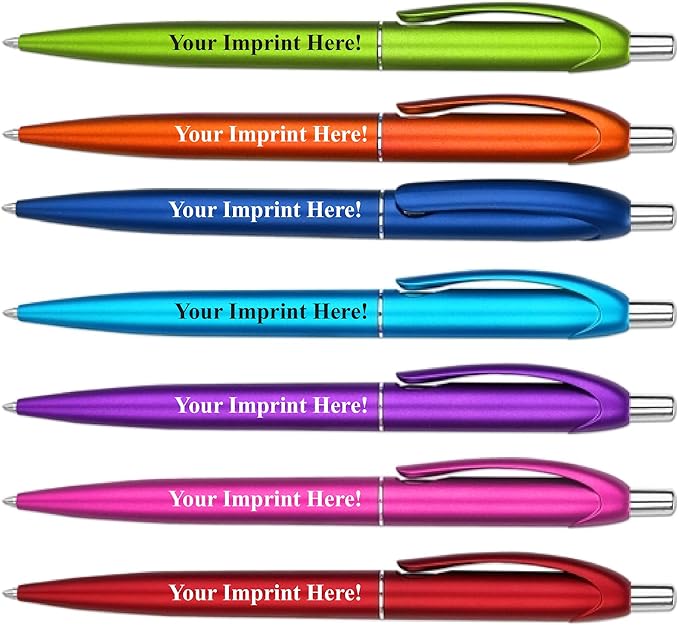 Express Pencils Personalized Ballpoint Pens - Retro -Retractable Click action - Custom - Black writing - Printed Name pens - Imprinted w/Your Logo or Message - 12 Pens/Box (Assorted Colors)