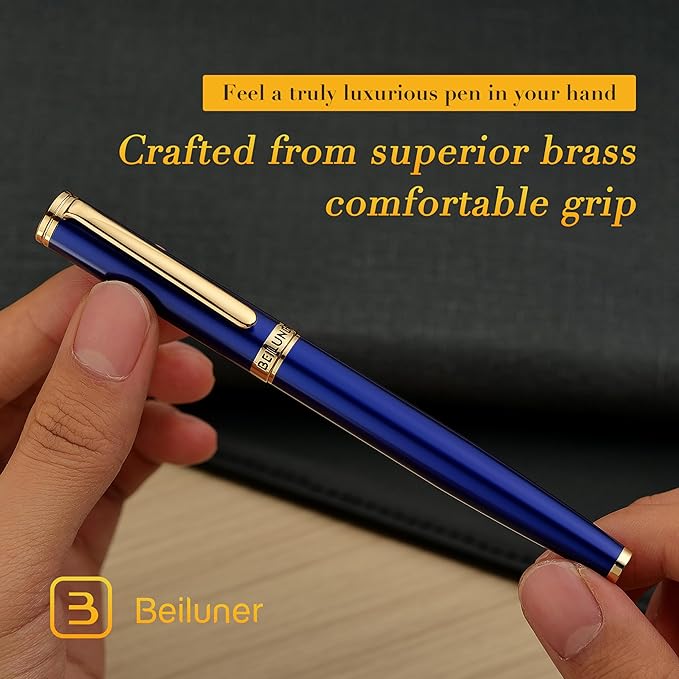 BEILUNER Blue Fountain Pen,Stunning Luxury Pens with 24K Gold Finish, Gorgeous 24K Gilded Nib(Medium), Fancy Pen Gift for Men&Women -Ink Converter-Elegant, Reliable,Nice Pen for Writing