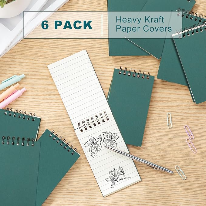 Tenceur 6 Pcs Pocket Notebook Bulk Small 3x5 Inch Spiral Notepads Mini Top Bound Notebook with Lined 120 Pages Ruled Memo Pads for Office College Nurse Essentials Back to School Gift (Green)