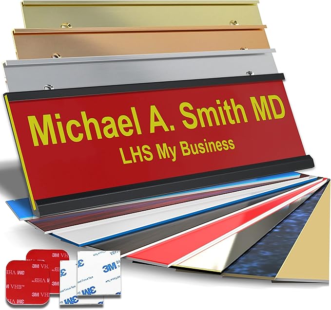 Custom Name Plate with Choice of Mounting for Walls, Doors, Cubicles, Hanging and More - Personalized Red Plastic Yellow Letters - USA Made 2x10 - B22