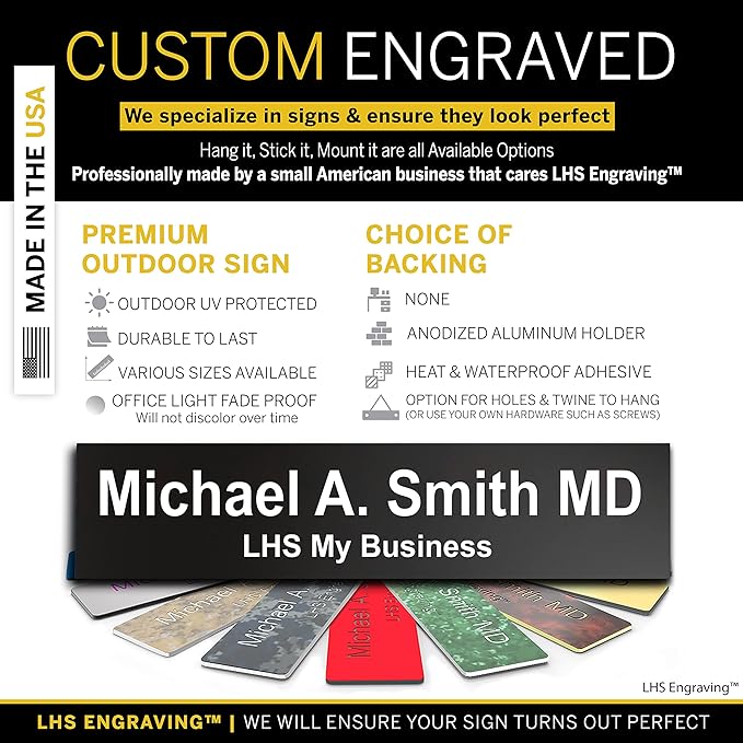 Personalized Name Plate with Choice of Mounting for Walls, Doors, Desk Holders, Cubicles, Hanging and More - Custom Black Plastic White Letters - USA Made 2x8 - B2