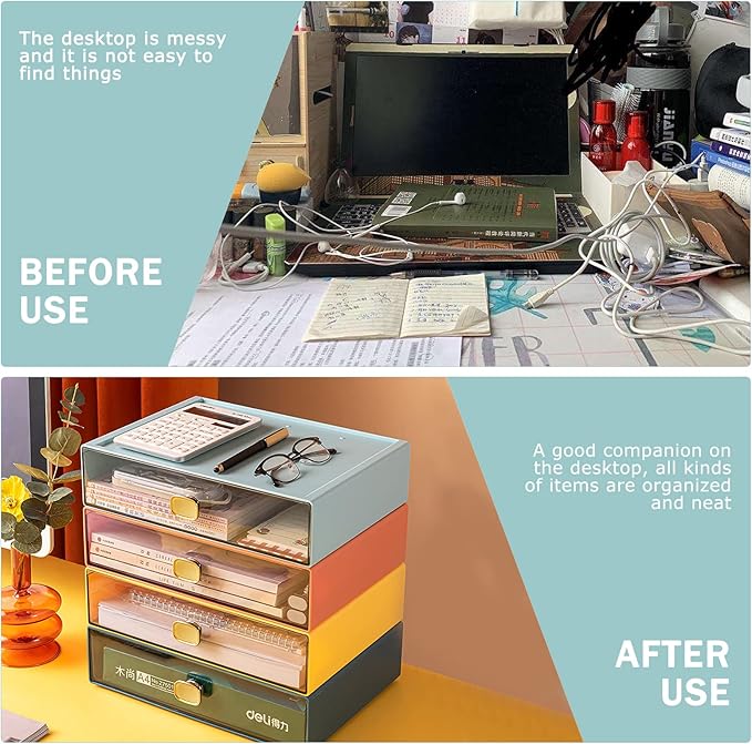 DETEIN 2PACK Stackable Desktop Organizer with Drawer 6.5"x9"x3" Desk Storage Drawer Office Plastic Organizer Clear Small Drawer for Pens, Stationery, Accessories, Make Up (Yellow, M - 1 Drawer)