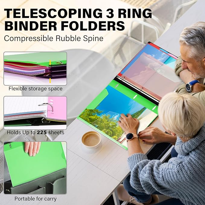 WOT I Telescoping Project Organizer 2-Pack, Refillable Binder with Dividers and Pockets, 13 Pocket Folders, 1 Inch 3 Ring Binder, Green