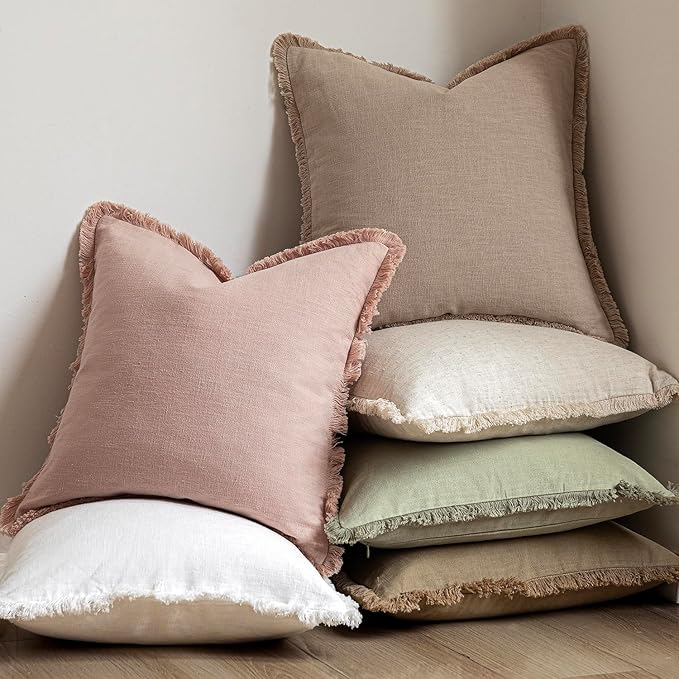 Foindtower Set of 2 Decorative Linen Fringe Throw Pillow Covers Boho Farmhouse Cushion Cover with Tassels Soft Accent Pillowcase for Couch Sofa Bed Living Room Home Decor,22×22 Inch,Light Sage Green