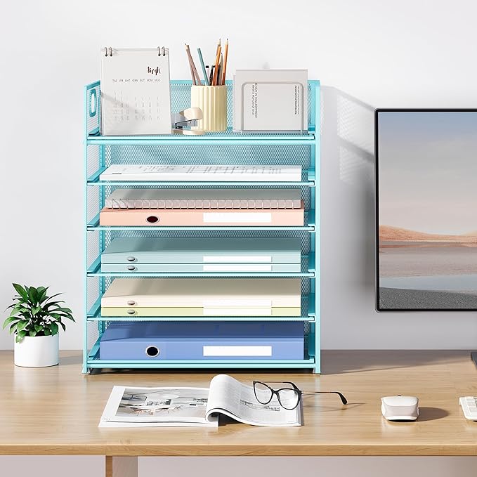 Subekyu 6 Tier Office File Paper Desk Tray Organizer with Handle, Stackable Slide Mesh Letter Tray Folder Blue Desk Organizer, Desktop Document Sorter for Classroom, Office, Home Supplies Storage