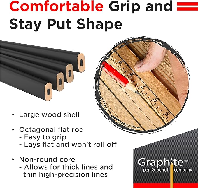 GRAPHITE Hard Lead Carpenter Pencils Bulk - (1) Pack of 12 Pieces Lumber Wooden Pencil #2 (HB) - Black