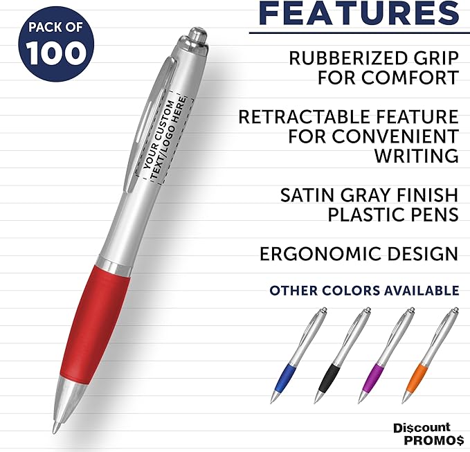 DISCOUNT PROMOS Personalized Ballpoint Pens With Rubber Grip, 100 pack Customizable Ergonomic Click-to-Write Custom Writing Pens for School with Black Ink, Red