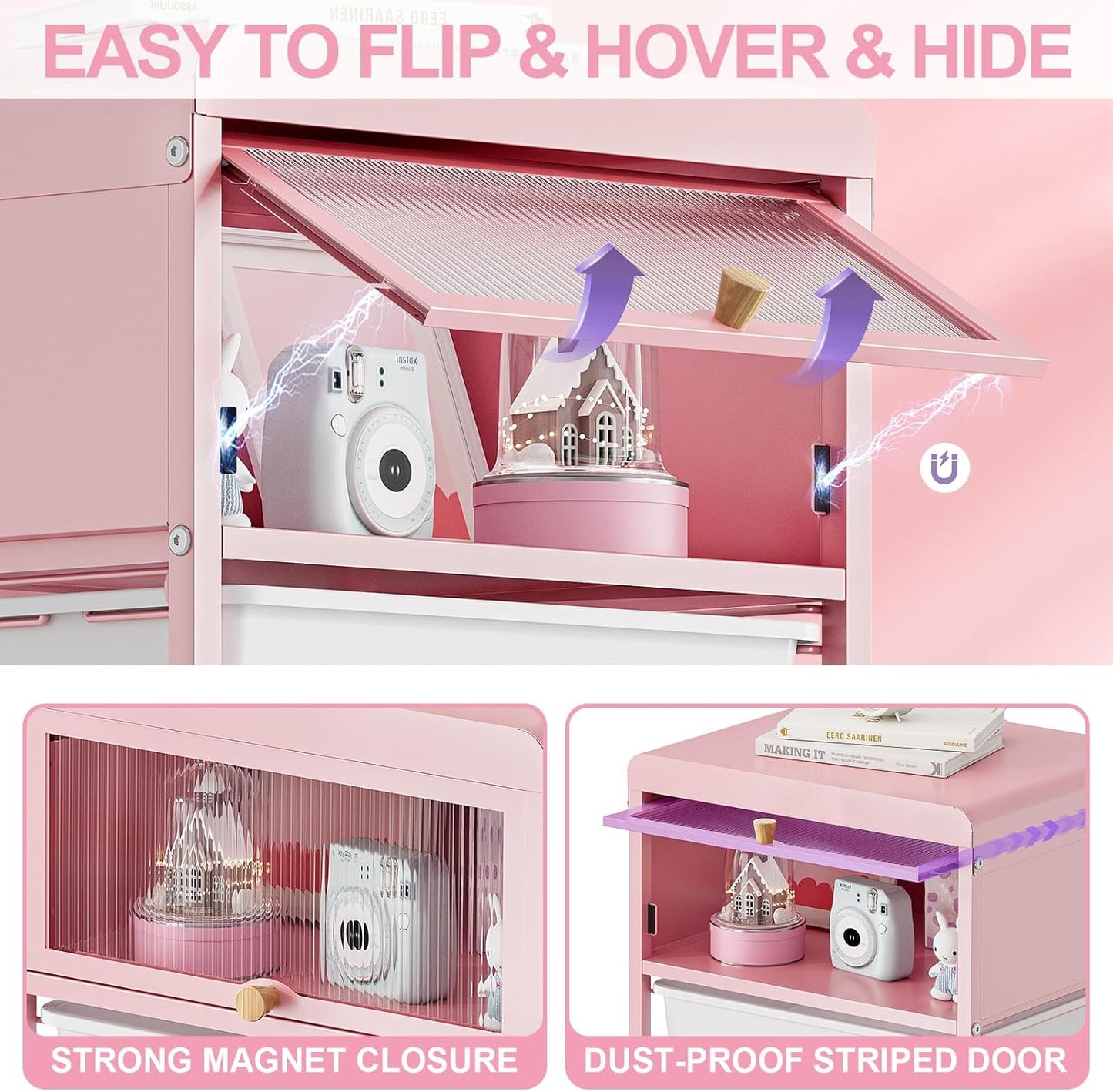 Utility-Rolling-Storage-Drawer-Craft-Cart-Organizers with 4 Drawers & Dust-Proof Door for Kid Craft Art Room,Bedroom,Home Office, Classroom, Rose Pink