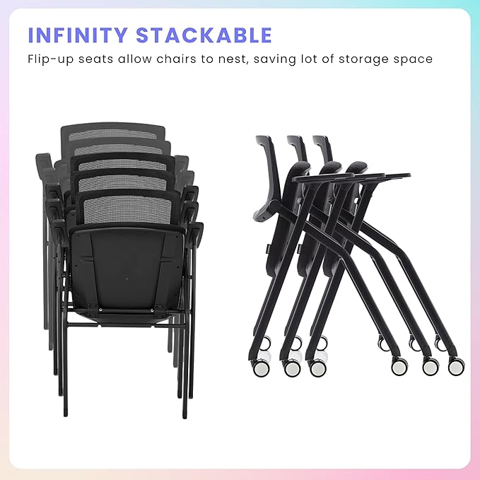 BROBRIYO 2 Pack Stackable Conference Room Chairs with Wheels and Paddle, Ergonomic Mesh Back and Arms for Meeting, Conference, Reception, Training Room & Home Office Desk Folding Chairs