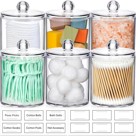 AOZITA 6 Pack Acrylic Qtip Holder Dispenser for Cotton,Swab, Ball, Round Pads, Floss Picks - Clear Plastic Apothecary Jar Set, Bathroom Canister Storage Organization, Vanity Makeup Organizer