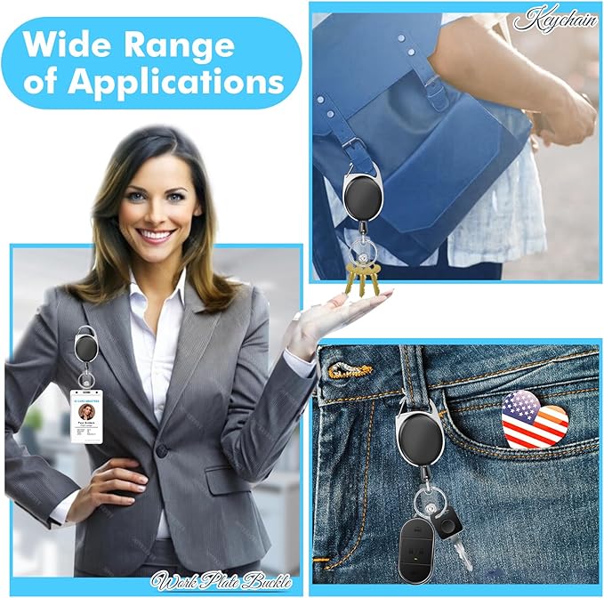 Retractable Badge Holder with Carabiner Reel Clip and Key Ring for ID Card Key Keychain Holders Black 30 Pieces