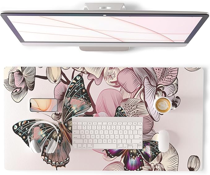 QIYI Large Mouse Pad, PU Leather Desk Blotter Protector, Waterproof Computer Desk Mat, Butterflies Keyboard Mouse Pads, Non Slip Base Home & Office Accessories, Extended Large Size 31.5" x 15.7"