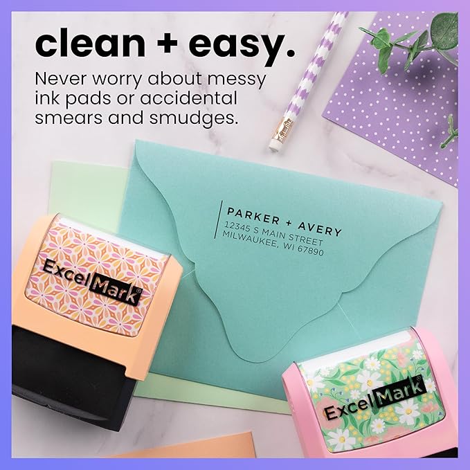 ExcelMark Address Stamp - Custom Return Address Stamp with Elegant Designs, Vibrant Colors & Patterns – Perfect for Mail, Invitations & Gifts (Pink Mount, Modern Line)