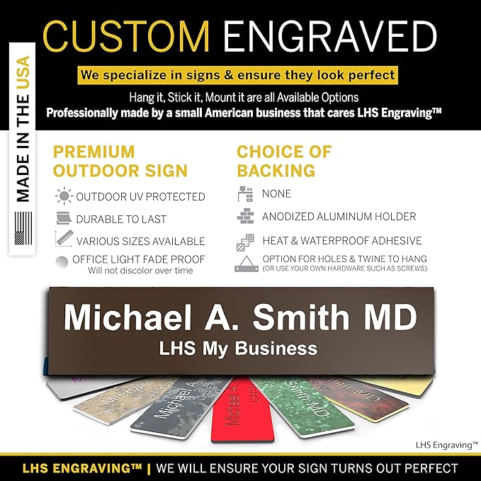 Custom Name Plate with Choice of Mounting for Walls, Doors, Cubicles, Hanging and More - Personalized Brown Plastic White Letters - USA Made 2x12 - B25