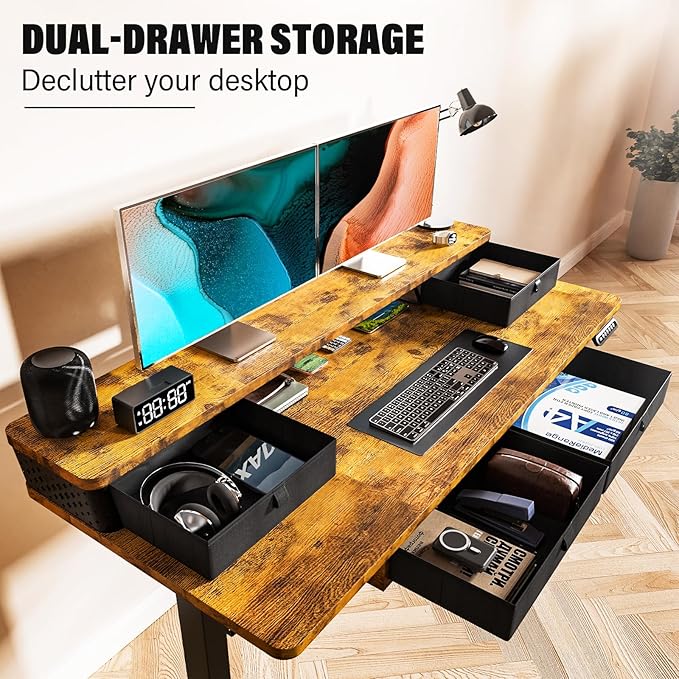 Kingant 40 x 24 Inch Electric Standing Desk with 4 Drawers, Height Adjustable Sit to Stand Computer Desk with Storage Shelf and C-Clamp Mount Compatibility for Home Office, Rustic Brown