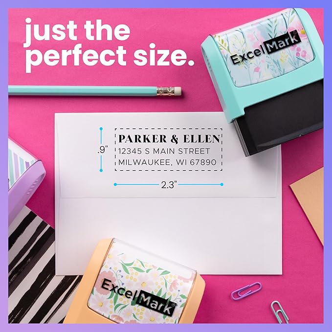 ExcelMark Address Stamp - Custom Return Address Stamp with Elegant Designs, Vibrant Colors & Patterns – Perfect for Mail, Invitations & Gifts (Pink Mount, The Statement)