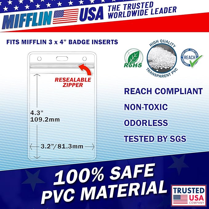 Mifflin-USA Large (L) Vertical ID Badge Holders (Clear, 3x4 inch, 250 Pack), Plastic Nametag Covers with Zipper, Name Tag Holder