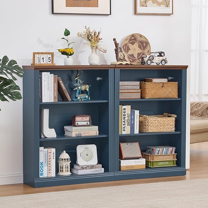 RWYHG 43" Blue Tall Bookshelf,3-Tier Thick Wooden Book Shelf with Adjustable Shelves,Free Standing Farmhouse Bookcase with Open Display Storage,Floor Vintage Bookshelves for Living Room,Office