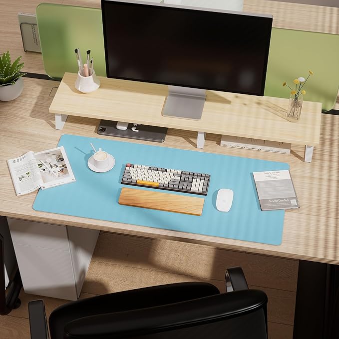 Aothia Double-Sided Desk Pad – 25.6"x13.7" Large Mouse Pad, Leather Desk Mat with Eco Cork Protector, Waterproof Desk Blotter for Office/Home (Blue Topaz)